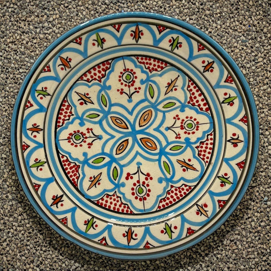 Håndmalet Marokkansk Terracottatallerken med Fod Turkis - 27 cm Etnico del Mondo