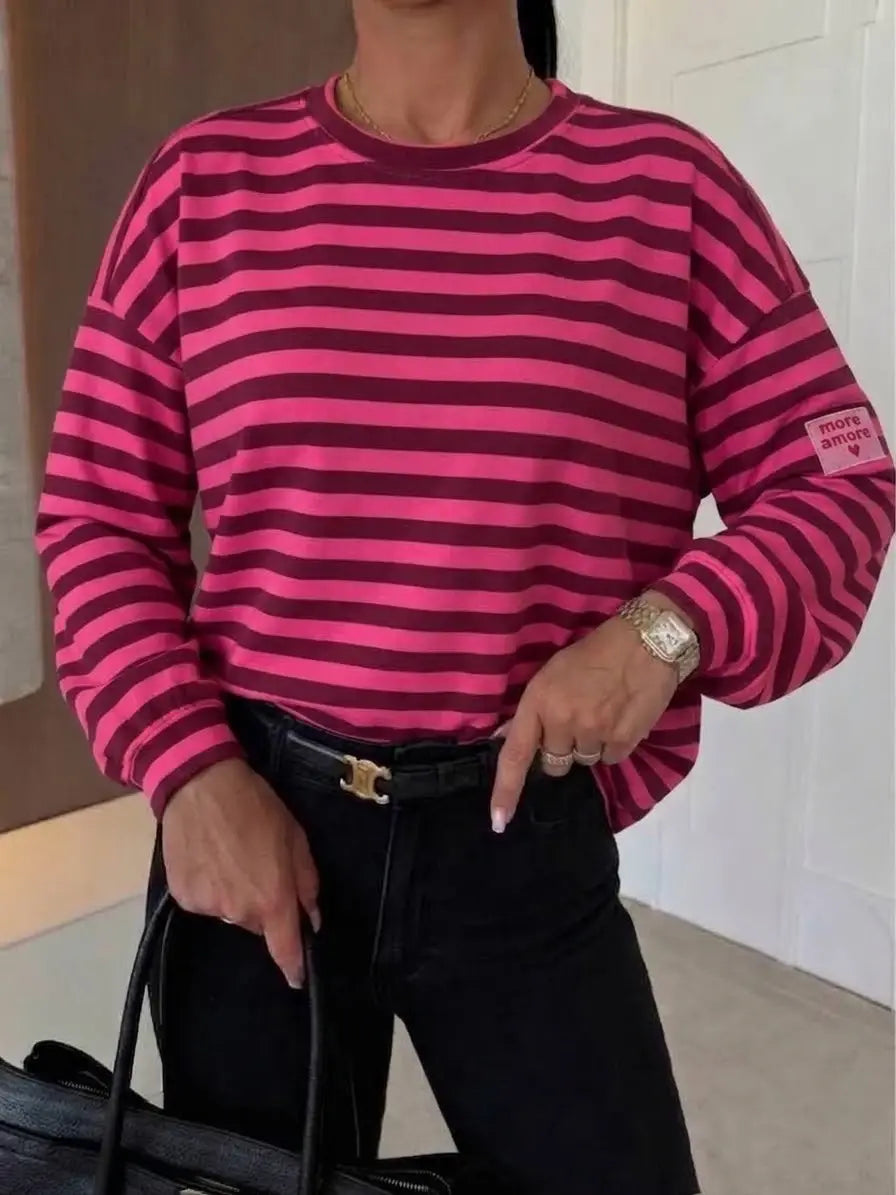More Amore – Oversize langærmet stribet T-Shirt Tøj ESTEE BROWN One-size 38-44 Pink/Bordeaux
