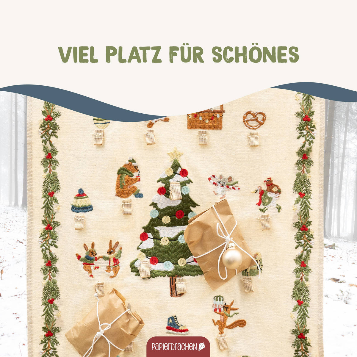 Adventskalender med vinterdyr og løkker – 40 × 71,5 cm | Papierdrachen Juledekoration Papierdrachen