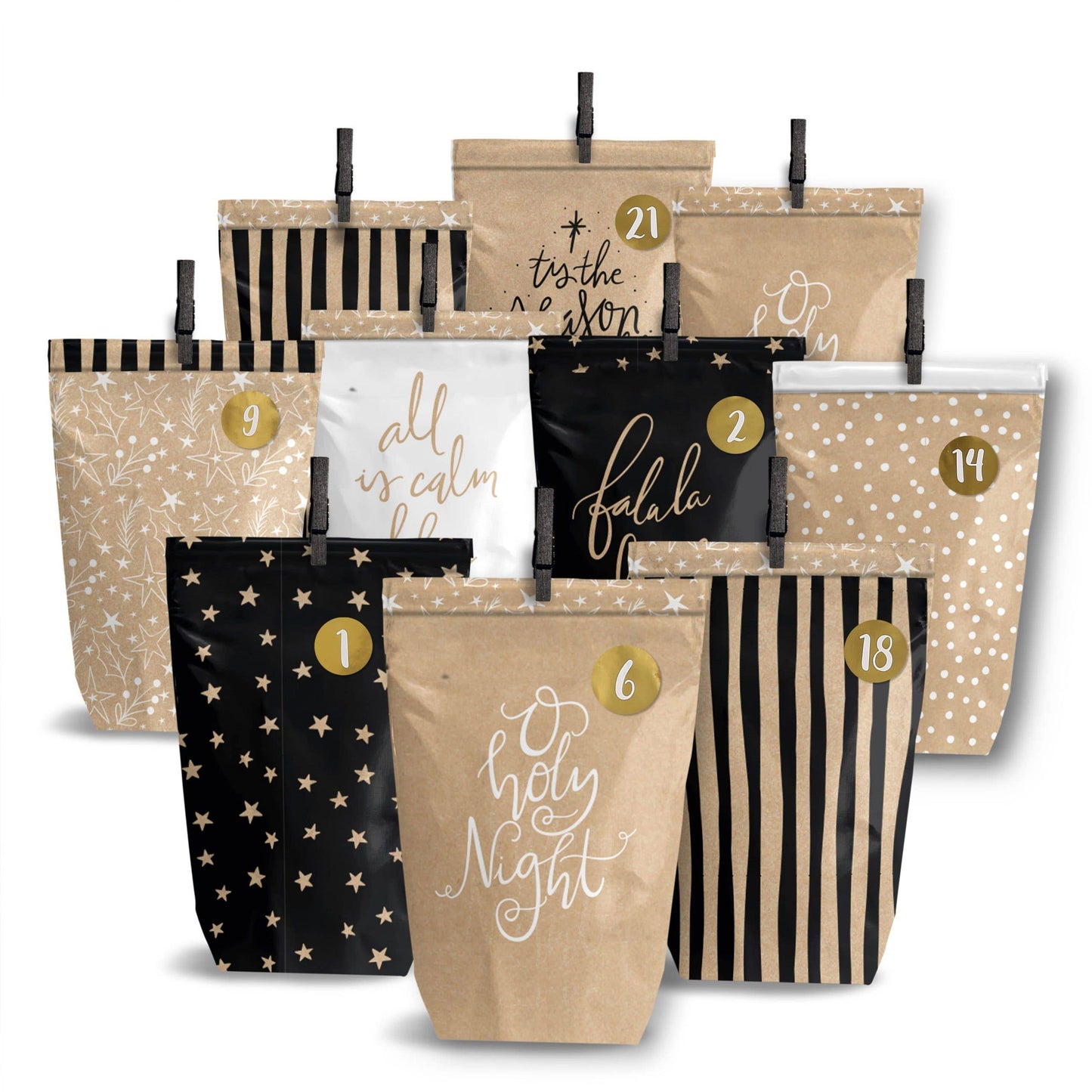 Gør-det-selv adventskalender – Holy Night – 24 brune kraftposer med træklemmer | Papierdrachen Højtidspynt Papierdrachen