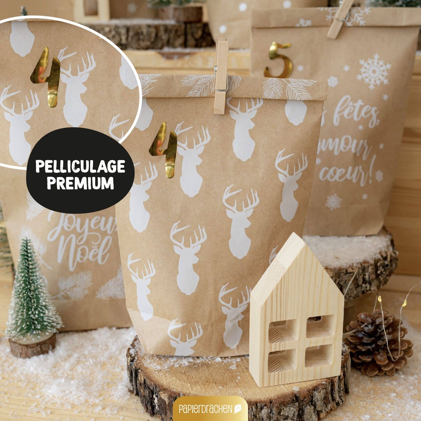 Gør-det-selv adventskalender – Cozy Winter, hvid – 24 poser med træclips | Papierdrachen Højtidspynt Papierdrachen