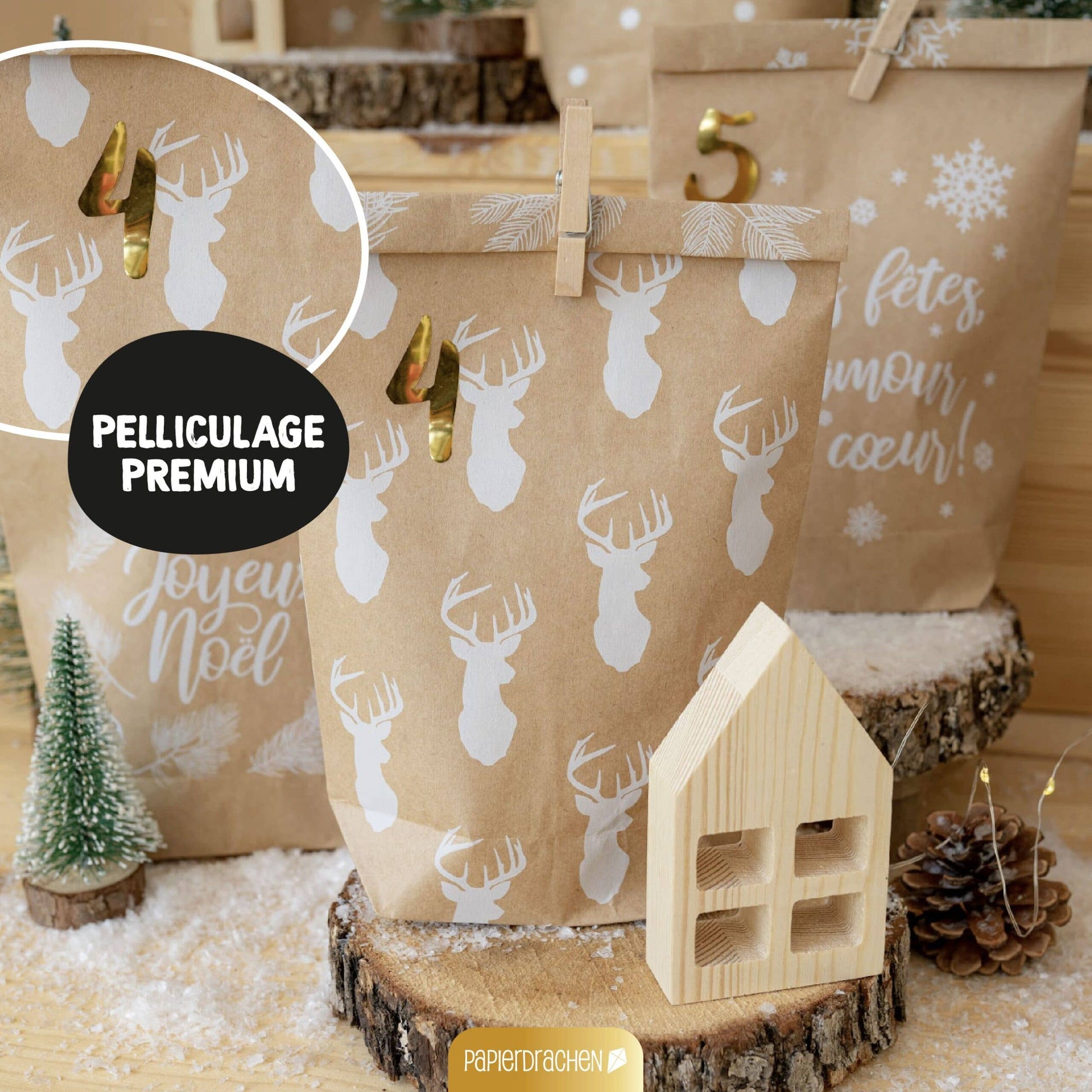 Gør-det-selv adventskalender – Cozy Winter, hvid – 24 poser med træclips | Papierdrachen Højtidspynt Papierdrachen