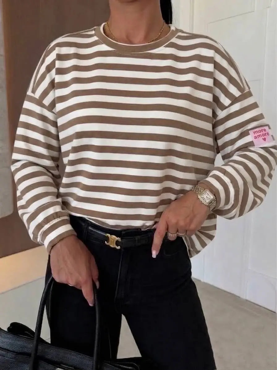 More Amore – Oversize langærmet stribet T-Shirt Tøj ESTEE BROWN One-size 38-44 Camel/Hvid