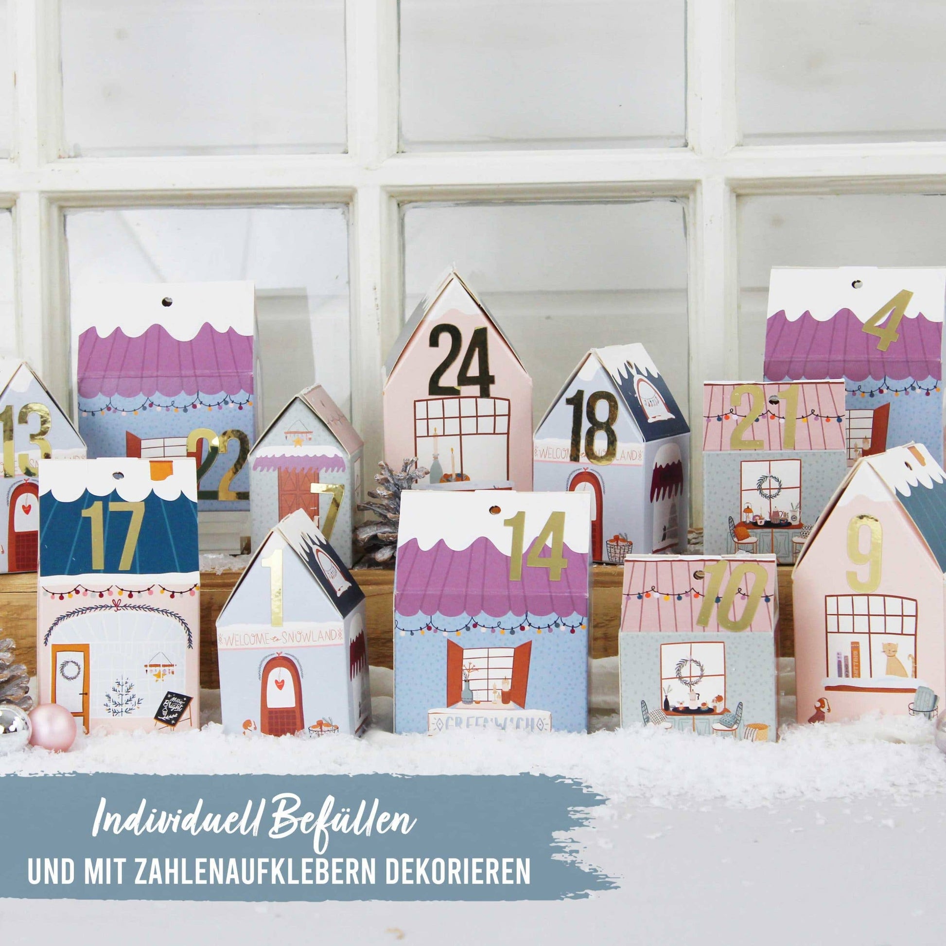 Adventskalender – 24 husæsker i farverig julelandsby | Papierdrachen Julepynt Papierdrachen
