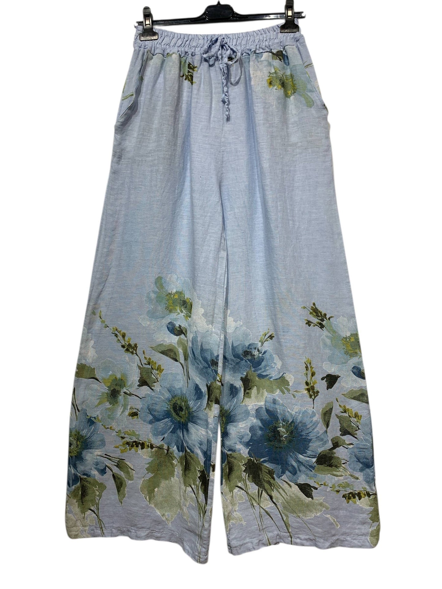 Vide Hør Bukser med Blomsterprint - Flere Farver LINEN & COTTON HOUSE Lyseblå One-size