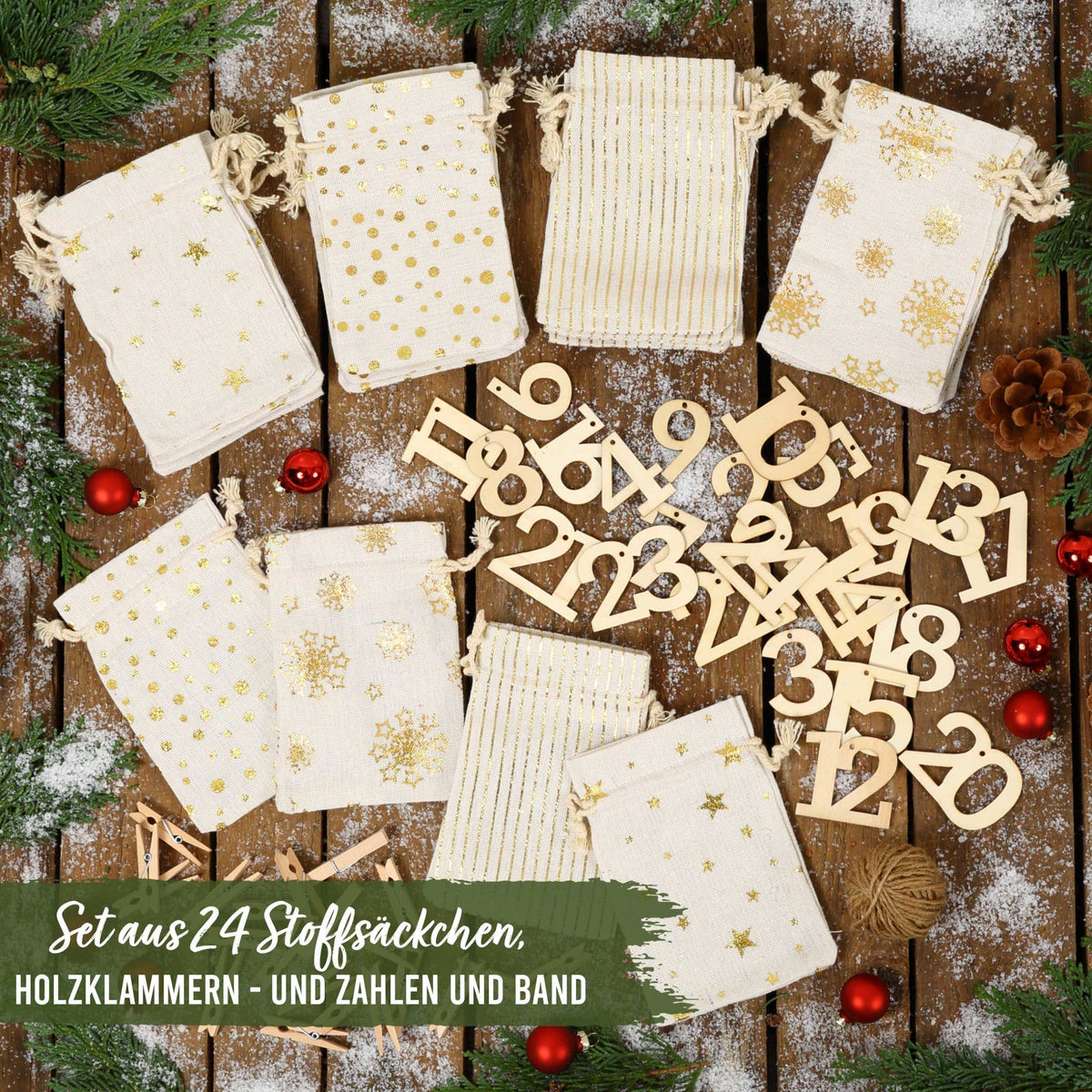 Adventskalender med 24 stofposer – Guldtryk og trætal | Papierdrachen Højtidspynt Papierdrachen
