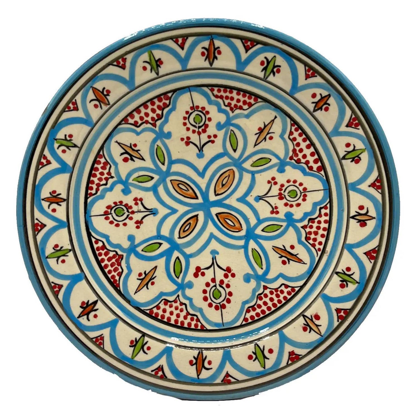 Håndmalet Marokkansk Terracottatallerken med Fod Turkis - 27 cm Etnico del Mondo