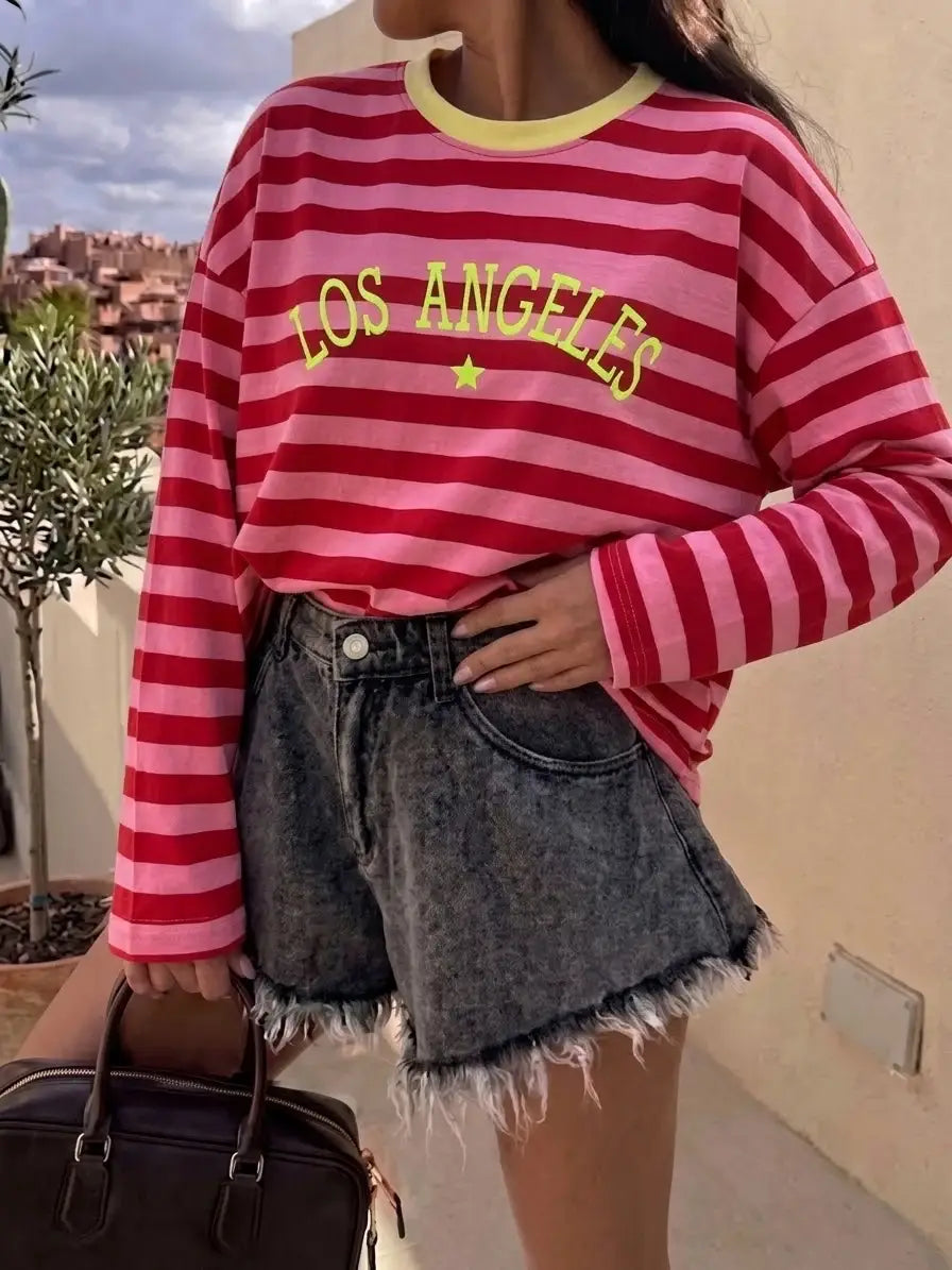 Los Angeles langærmet T-shirt med striber og broderet skrift Tøj ESTEE BROWN One-Size Pink/Rosa/Gul