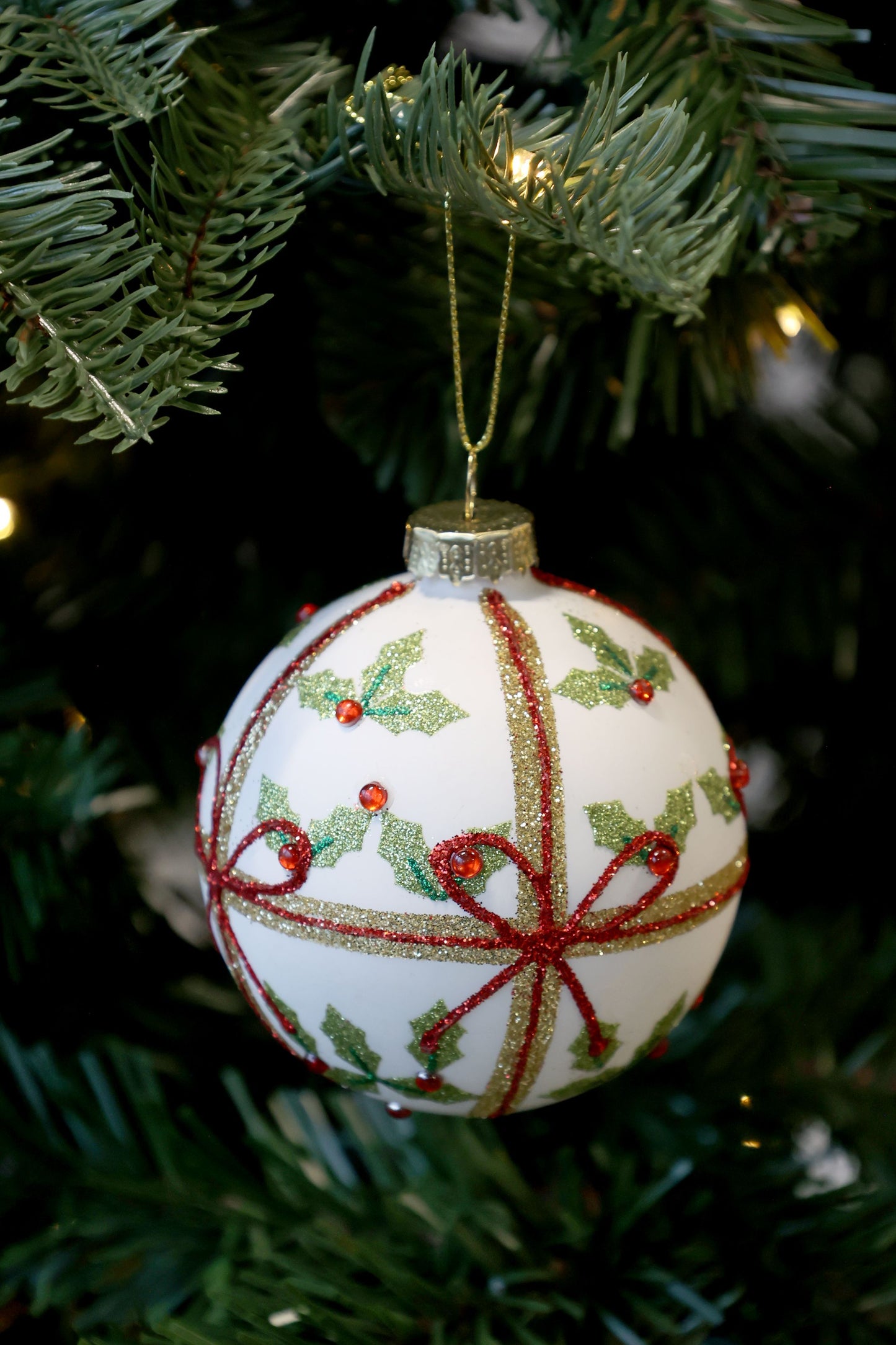 Julekugle med Sløjfe Hvid/Rød Ø8 cm - Chic Antique Chic Antique