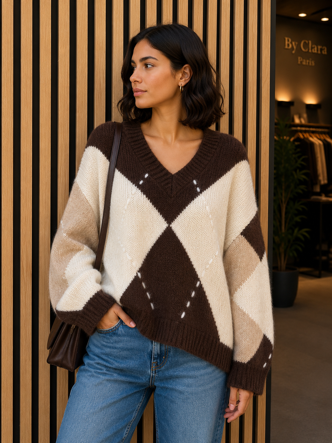 By Clara striktrøje med V-hals og argylemønster – onesize By Clara One Size Mørk brun
