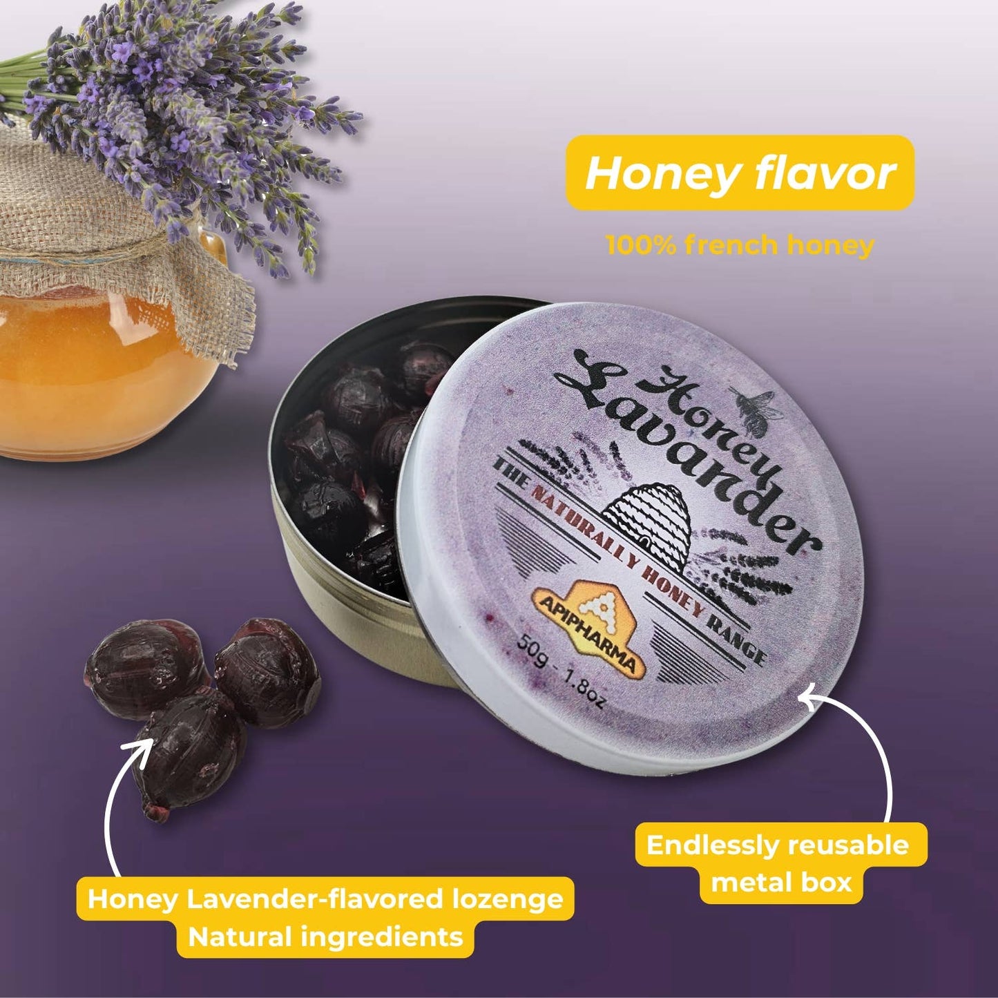 Lavendel Honning Pastiller 45g - François Groslière Design i Metalæske Bonbon-France