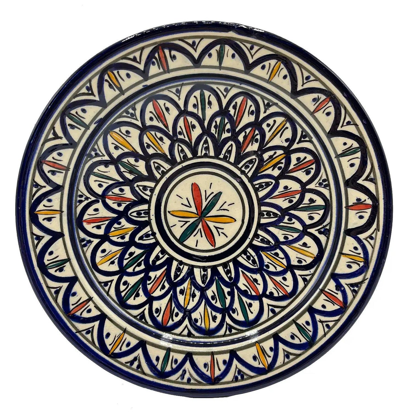 Håndmalet Marokkansk Terracottatallerken med Fod Marine - 27 cm Etnico del Mondo