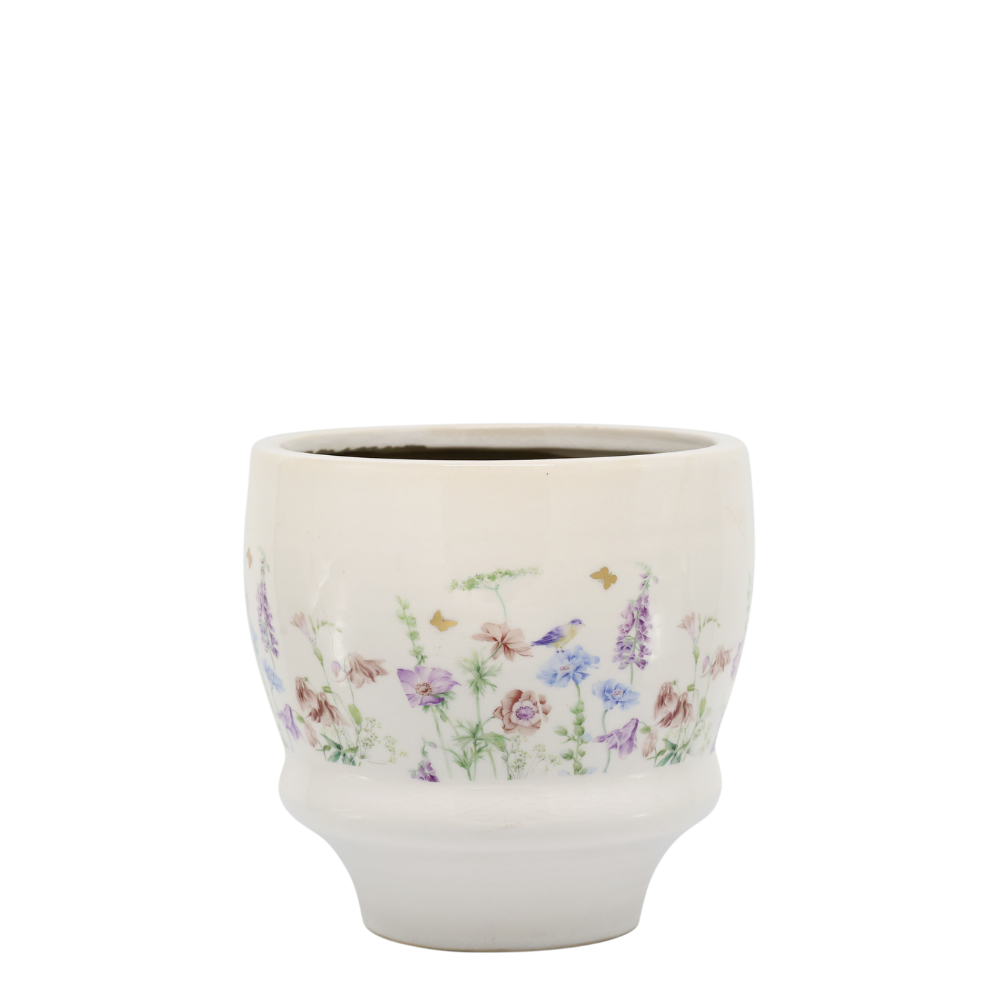 Håndlavet keramisk planteskjuler med blomster – Papillon | Creme | Stor