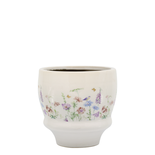 Håndlavet keramisk planteskjuler med blomster – Papillon | Creme | Stor