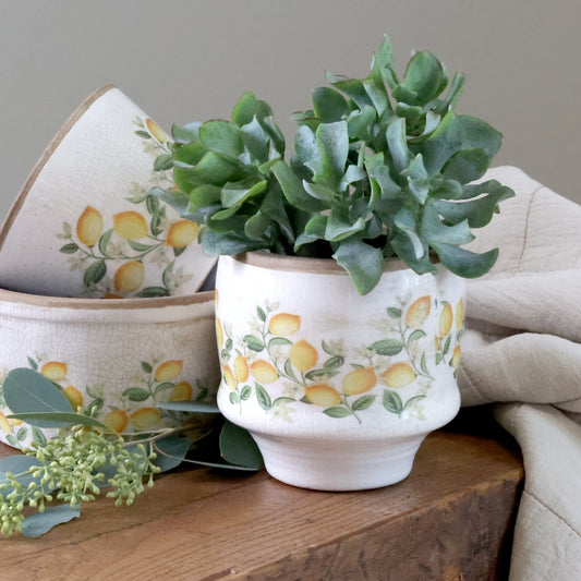 Håndmalet keramisk planteskjuler med citroner og blomster – Limone Blossom | Creme