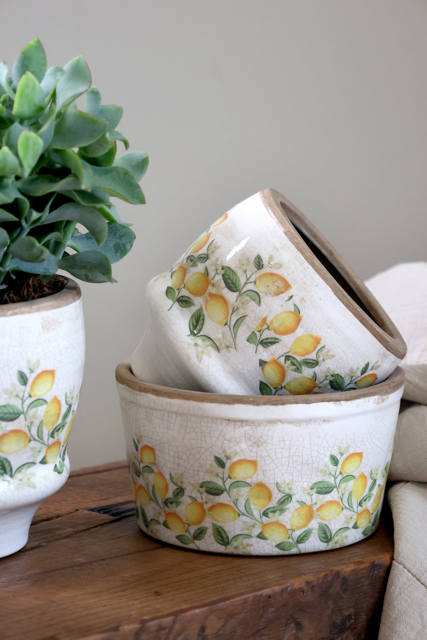 Håndmalet keramisk planteskjuler med citroner og blomster – Limone Blossom | Creme