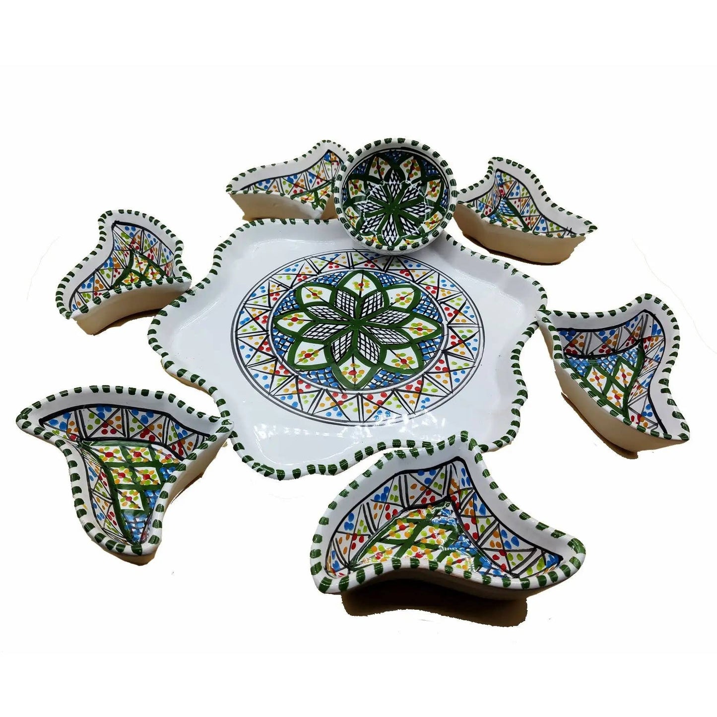 Håndmalet Tunesisk Terracotta tapas fade med 7 Skåle Blomsterform Grøn Etnico del Mondo