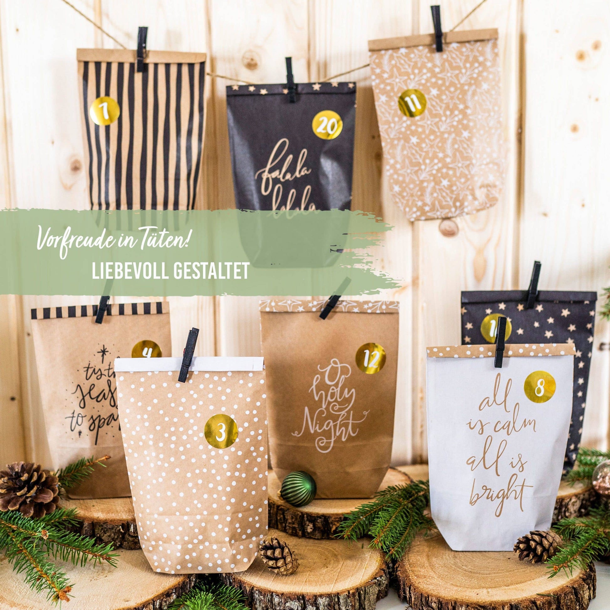 Gør-det-selv adventskalender – Holy Night – 24 brune kraftposer med træklemmer | Papierdrachen Højtidspynt Papierdrachen