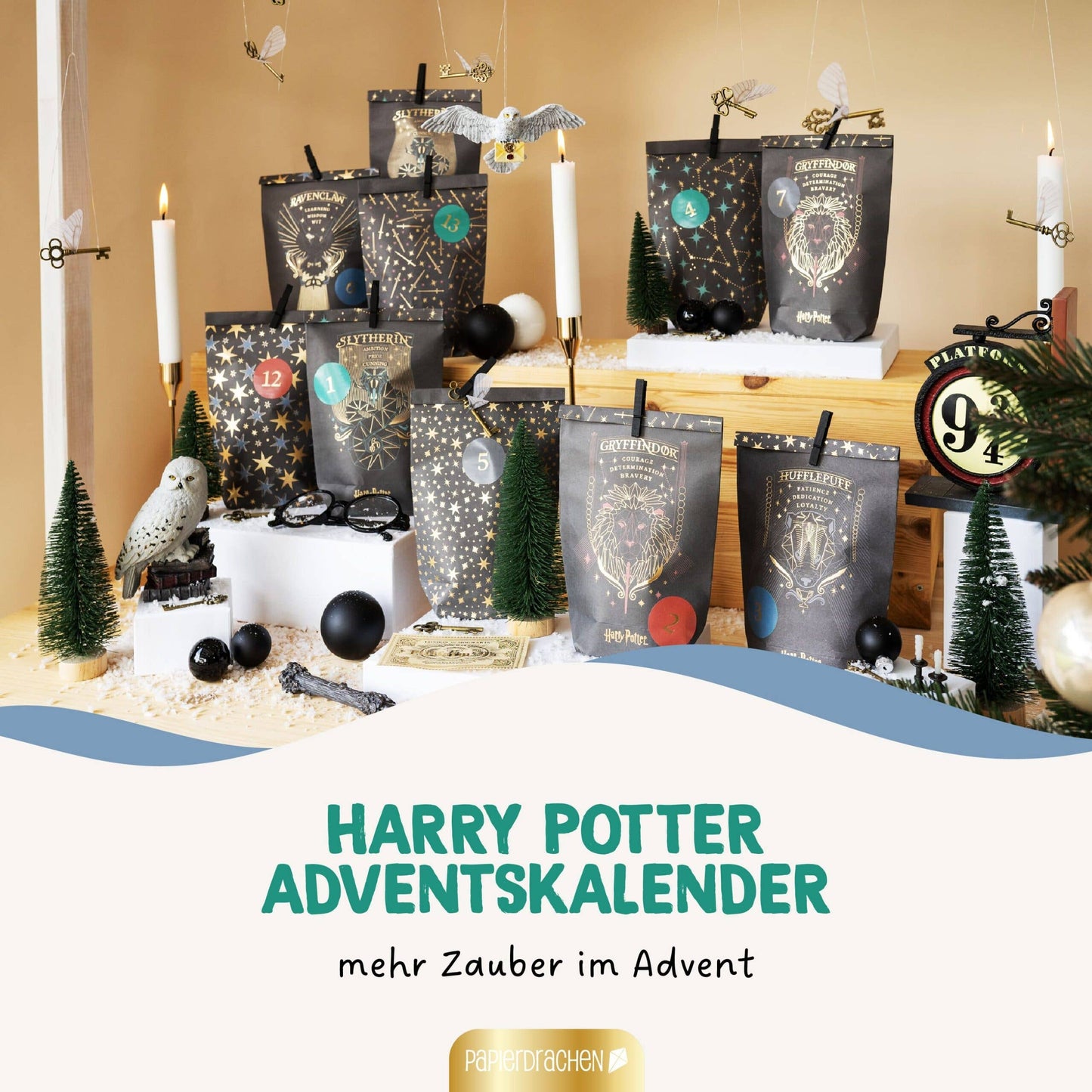 Gør-det-selv adventskalender – Harry Potter – 24 sorte trykte poser med træclips | Papierdrachen Højtidspynt Papierdrachen