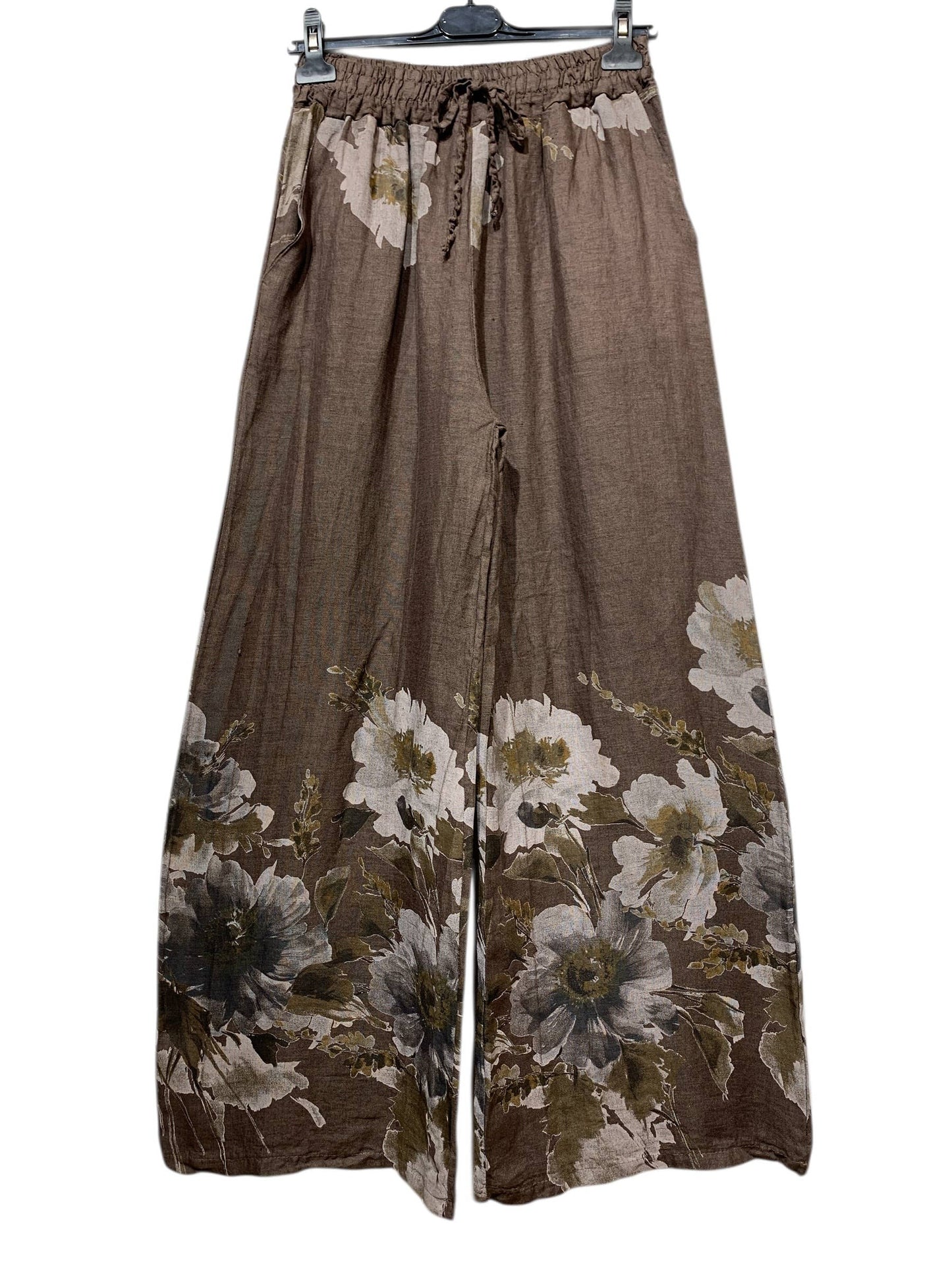 Vide Hør Bukser med Blomsterprint - Flere Farver LINEN & COTTON HOUSE Brun One-size