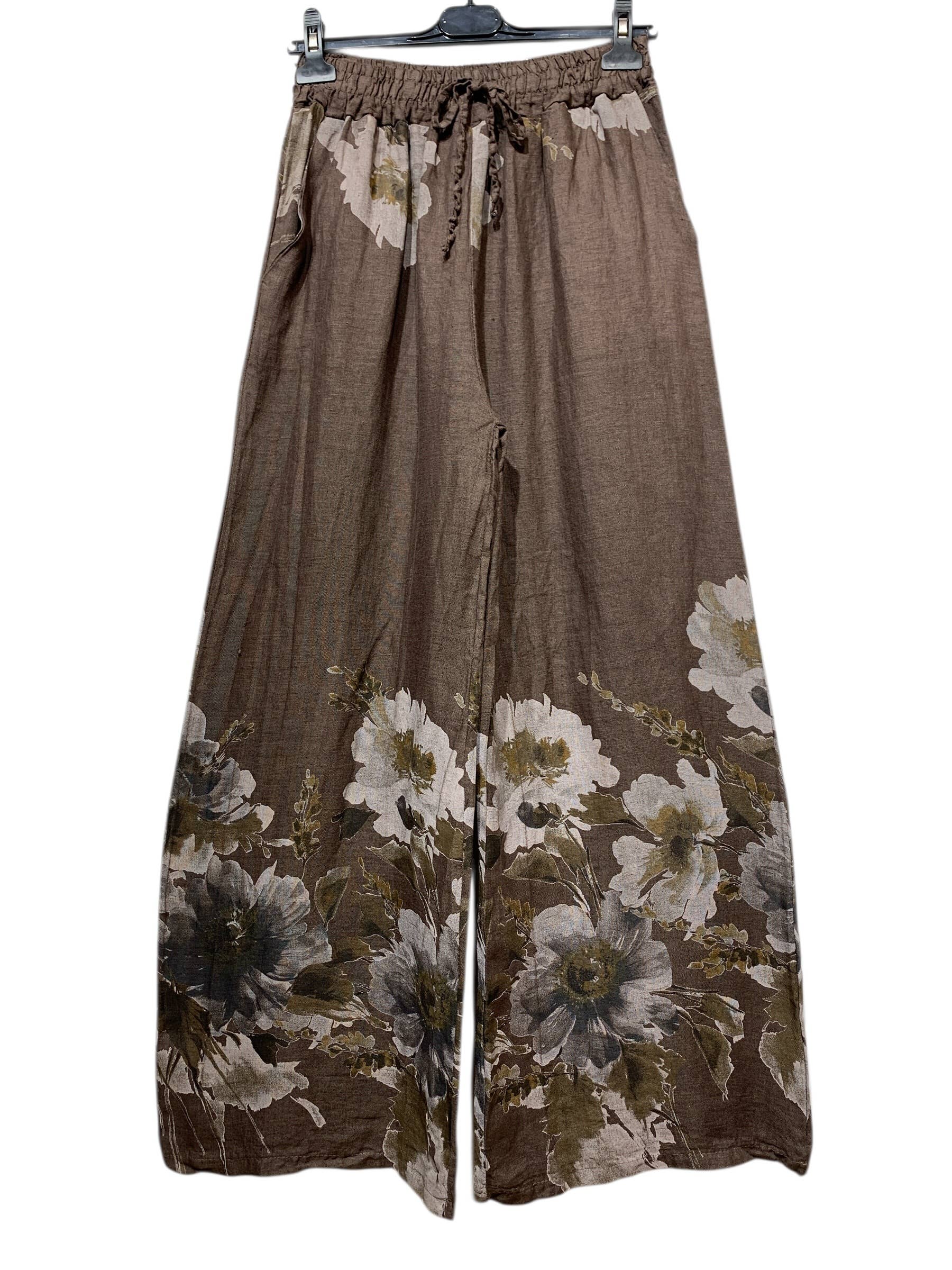 Vide Hør Bukser med Blomsterprint - Flere Farver LINEN & COTTON HOUSE Brun One-size