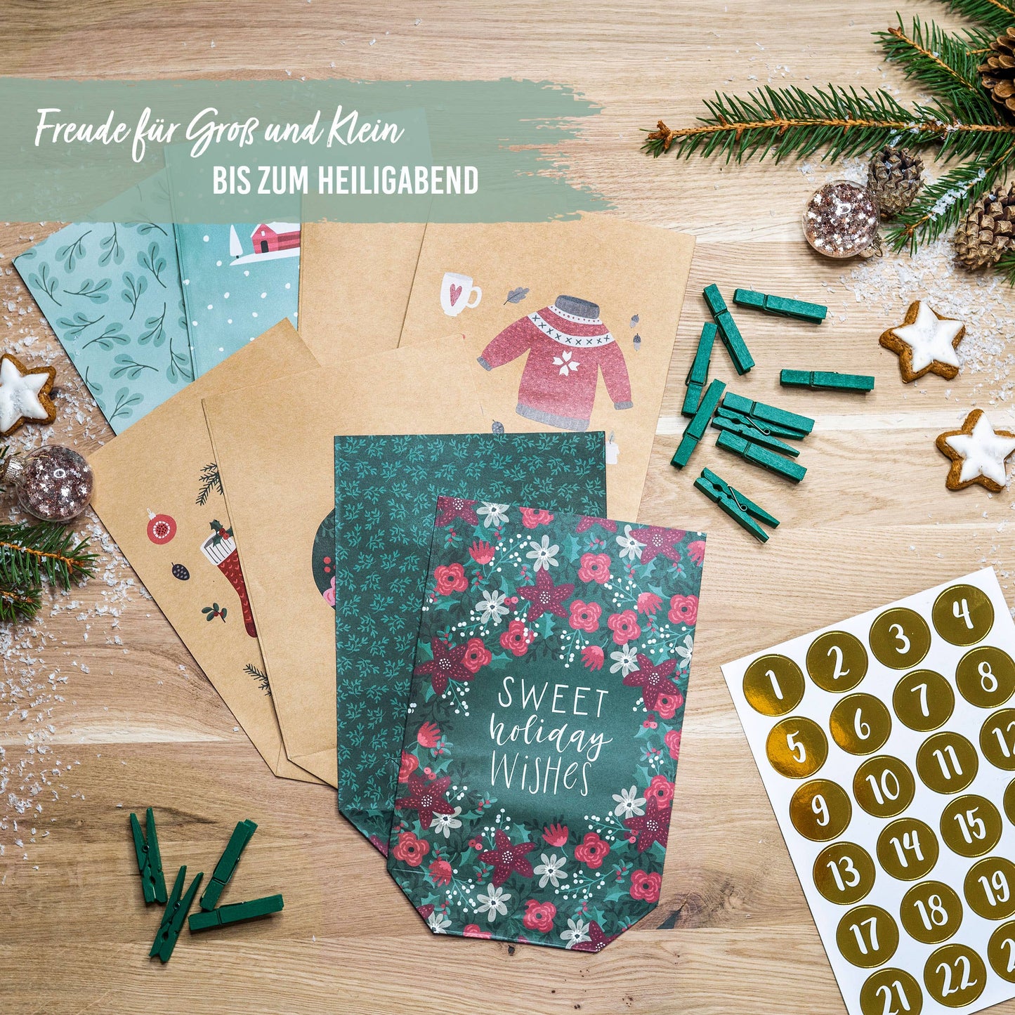 Gør-det-selv adventskalender – 24 grønne kraftposer med tryk | Papierdrachen Højtidspynt Papierdrachen