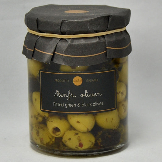 Stenfri sorte og grønne oliven 314 ml