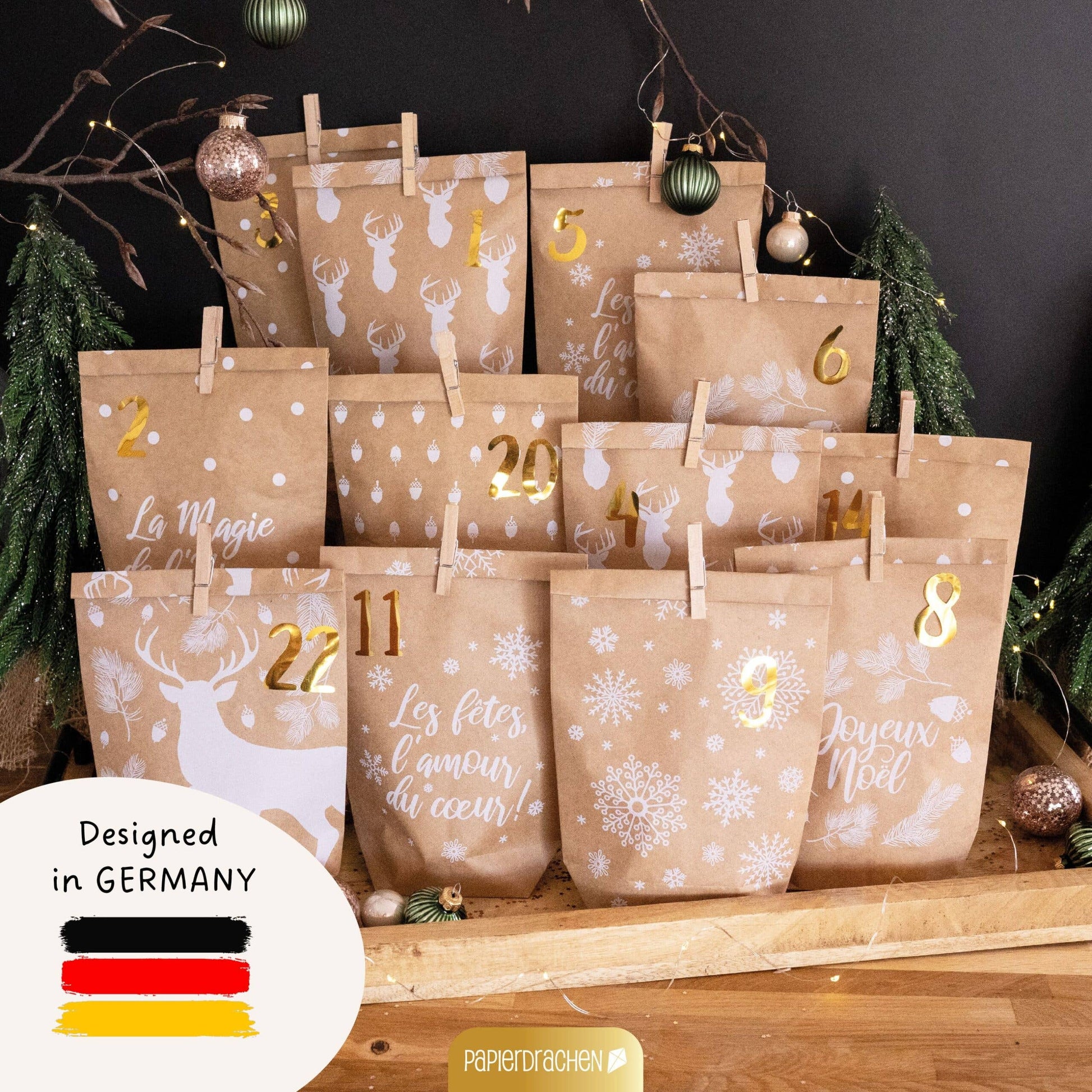 Gør-det-selv adventskalender – Cozy Winter, hvid – 24 poser med træclips | Papierdrachen Højtidspynt Papierdrachen