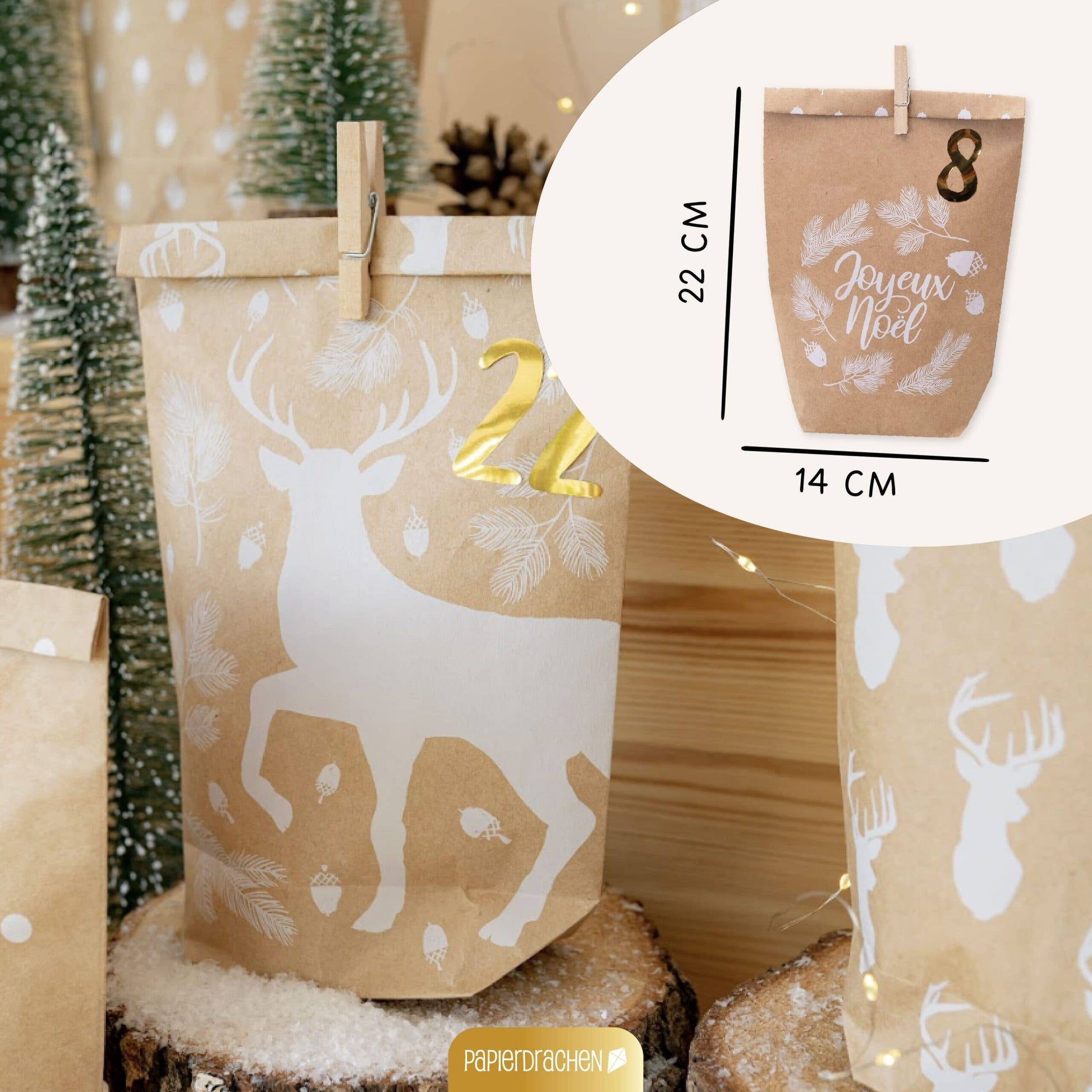 Gør-det-selv adventskalender – Cozy Winter, hvid – 24 poser med træclips | Papierdrachen Højtidspynt Papierdrachen