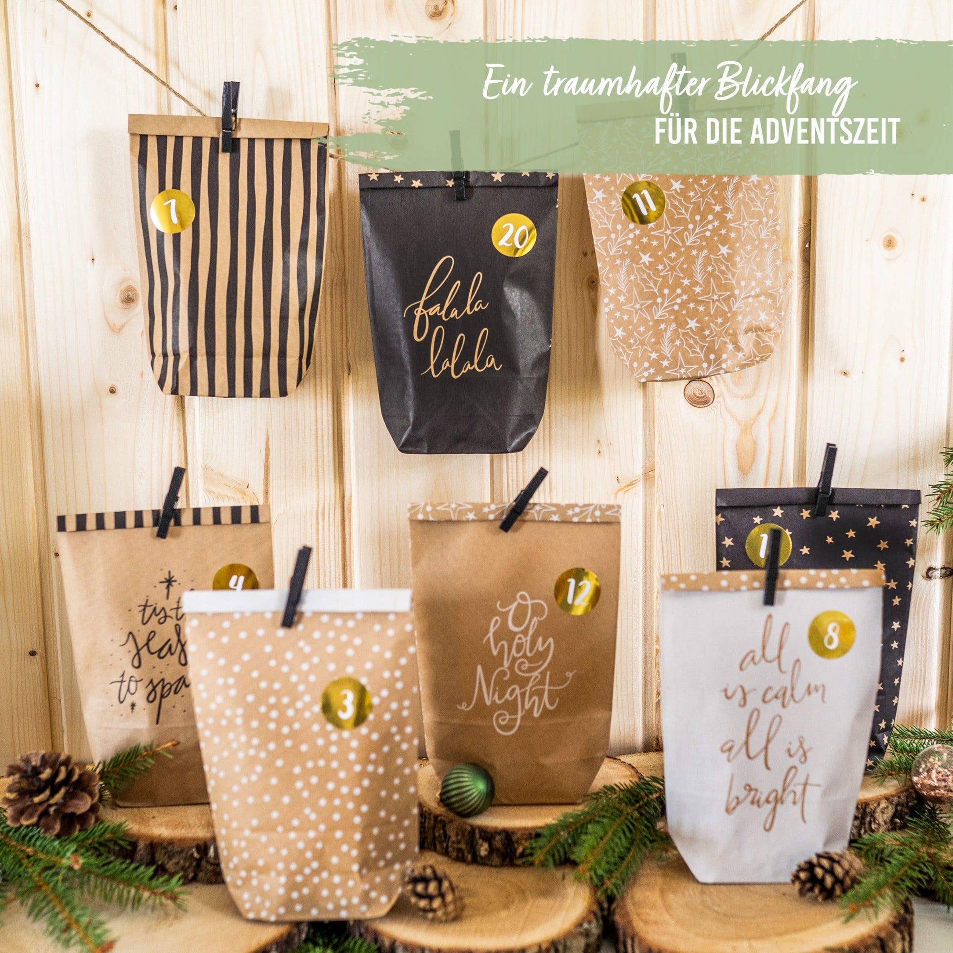 Gør-det-selv adventskalender – Holy Night – 24 brune kraftposer med træklemmer | Papierdrachen Højtidspynt Papierdrachen