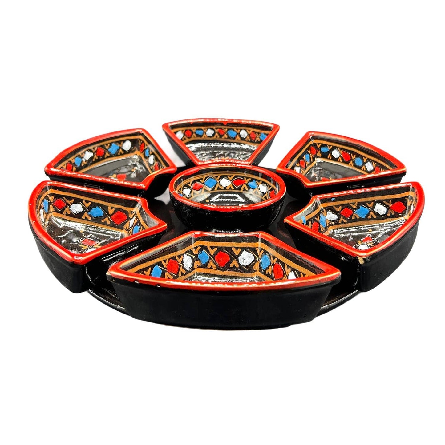 Håndmalet Tunesisk Terracotta Tapasfad Sort og rød - Blomsterform 7 Skåle Etnico del Mondo