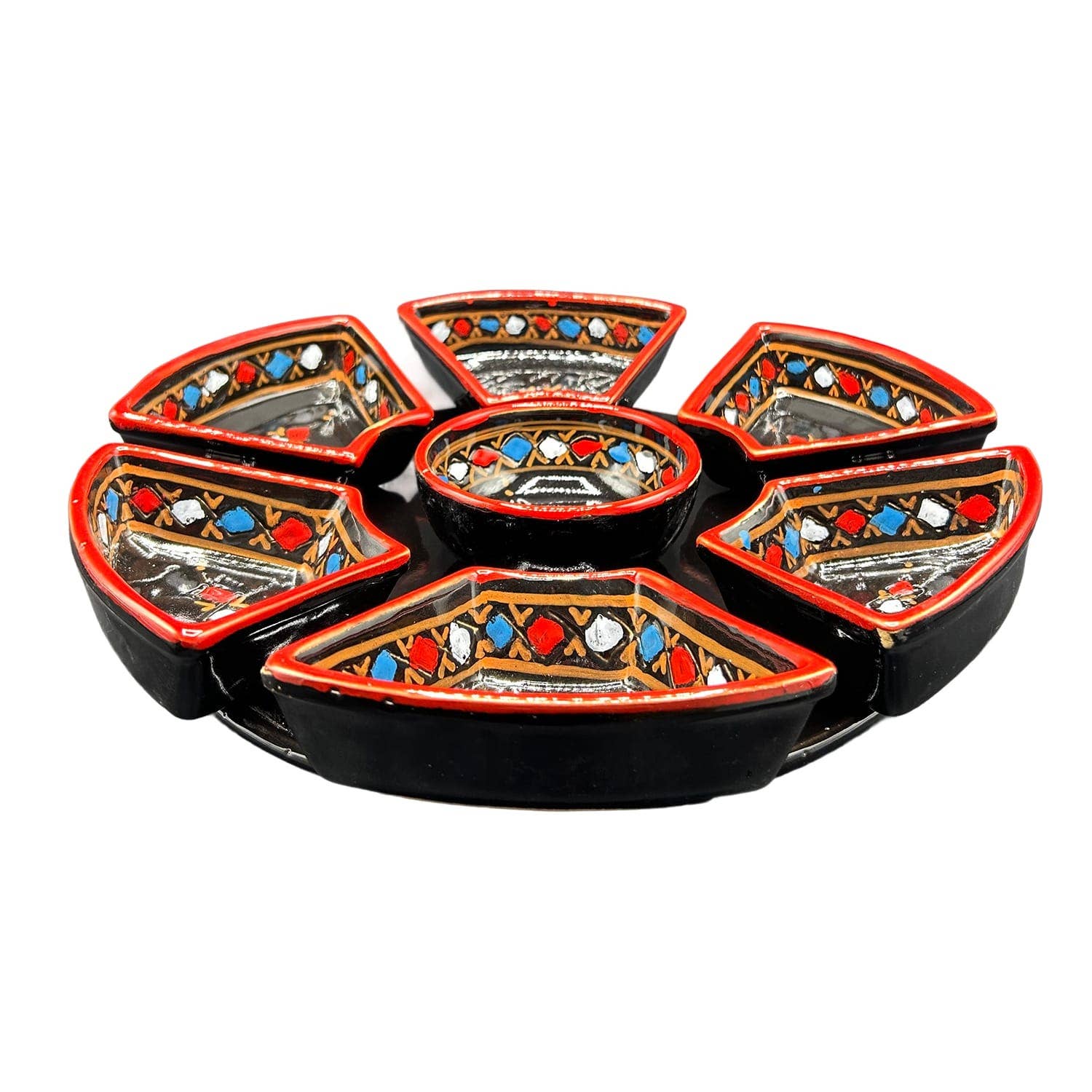 Håndmalet Tunesisk Terracotta Tapasfad Sort og rød - Blomsterform 7 Skåle Etnico del Mondo