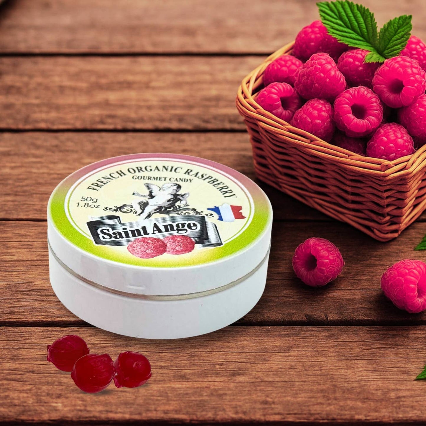 Saint-Ange Økologisk Hindbær Pastiller 50g - BIO-Certificerede Franske Slik Bonbon-France