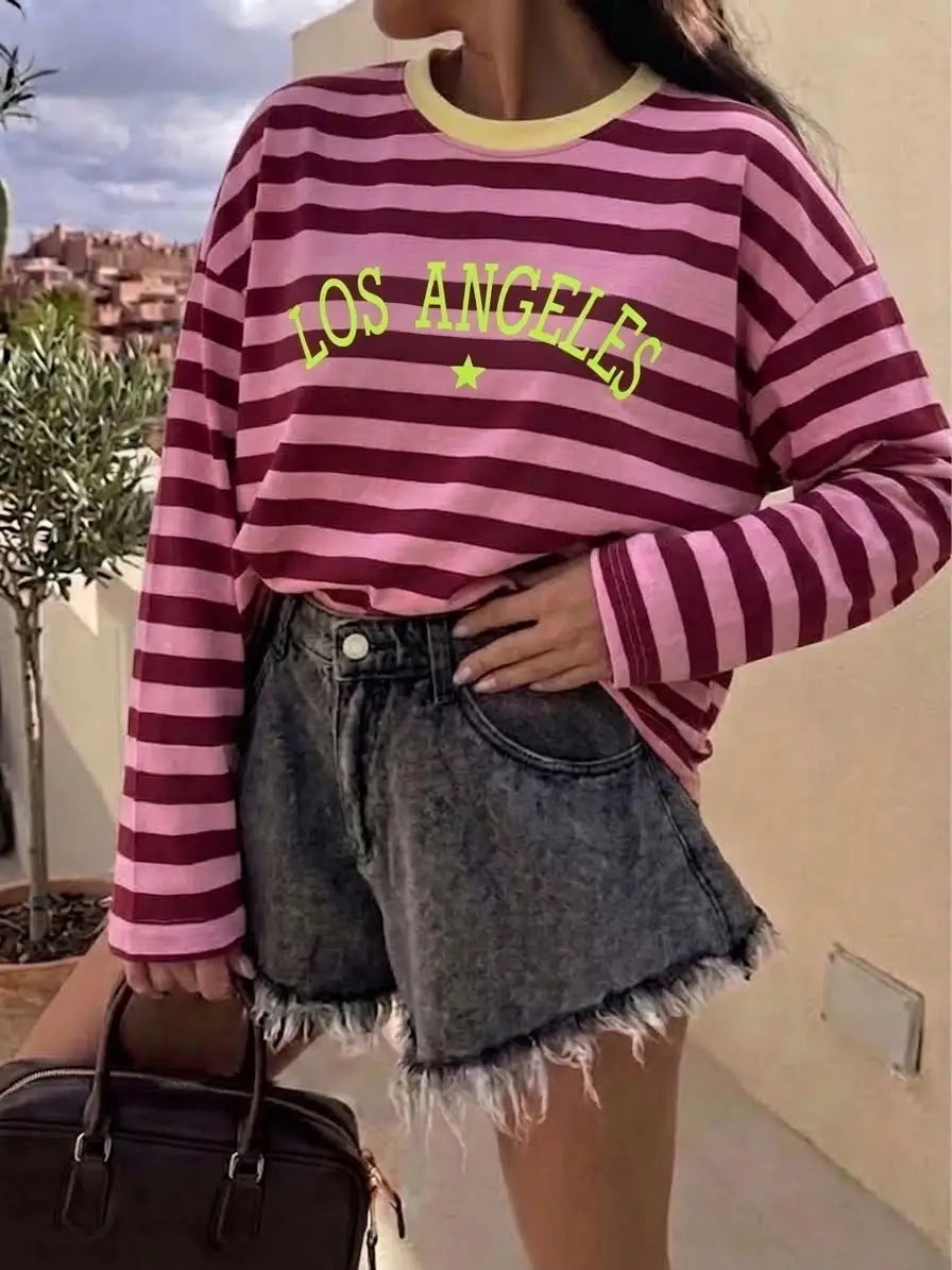 Los Angeles langærmet T-shirt med striber og broderet skrift Tøj ESTEE BROWN One-Size Bordeaux/Pink/Gul