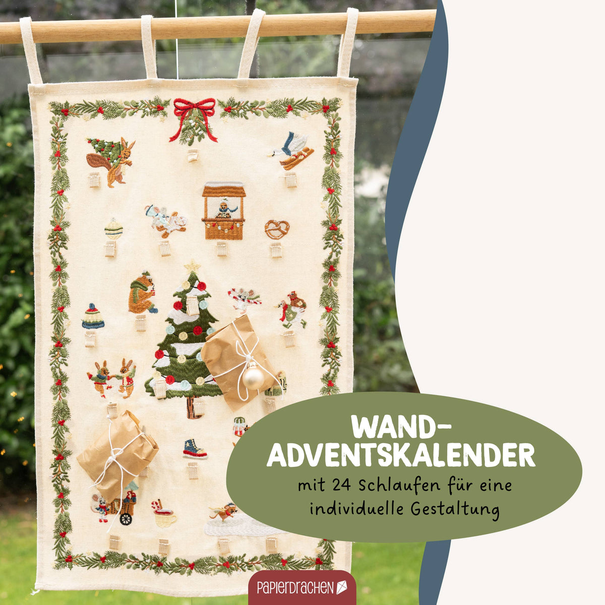 Adventskalender med vinterdyr og løkker – 40 × 71,5 cm | Papierdrachen Juledekoration Papierdrachen