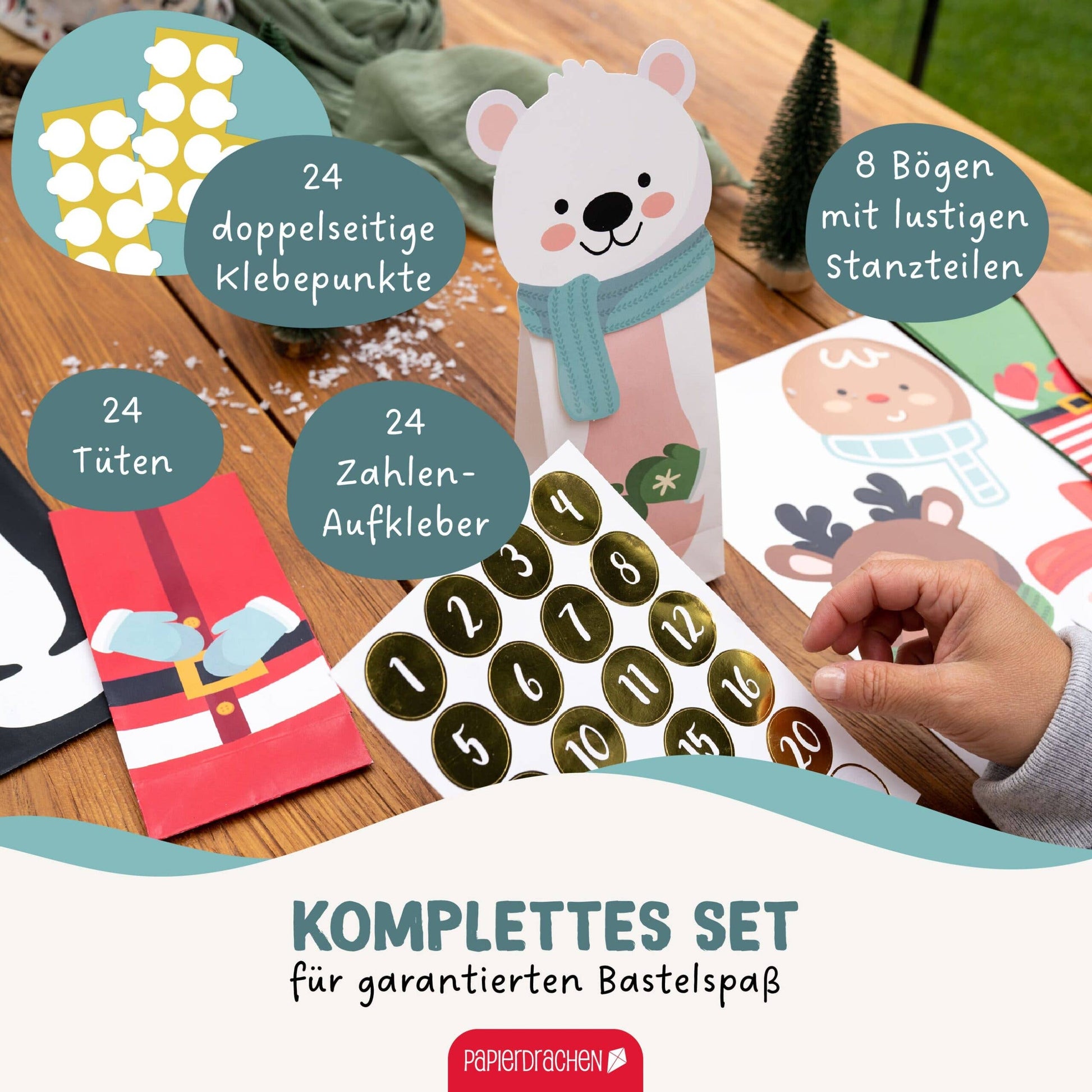 Gør-det-selv adventskalender – Julehjælpere – 24 poser med udstansede motiver | Papierdrachen Julepynt Papierdrachen