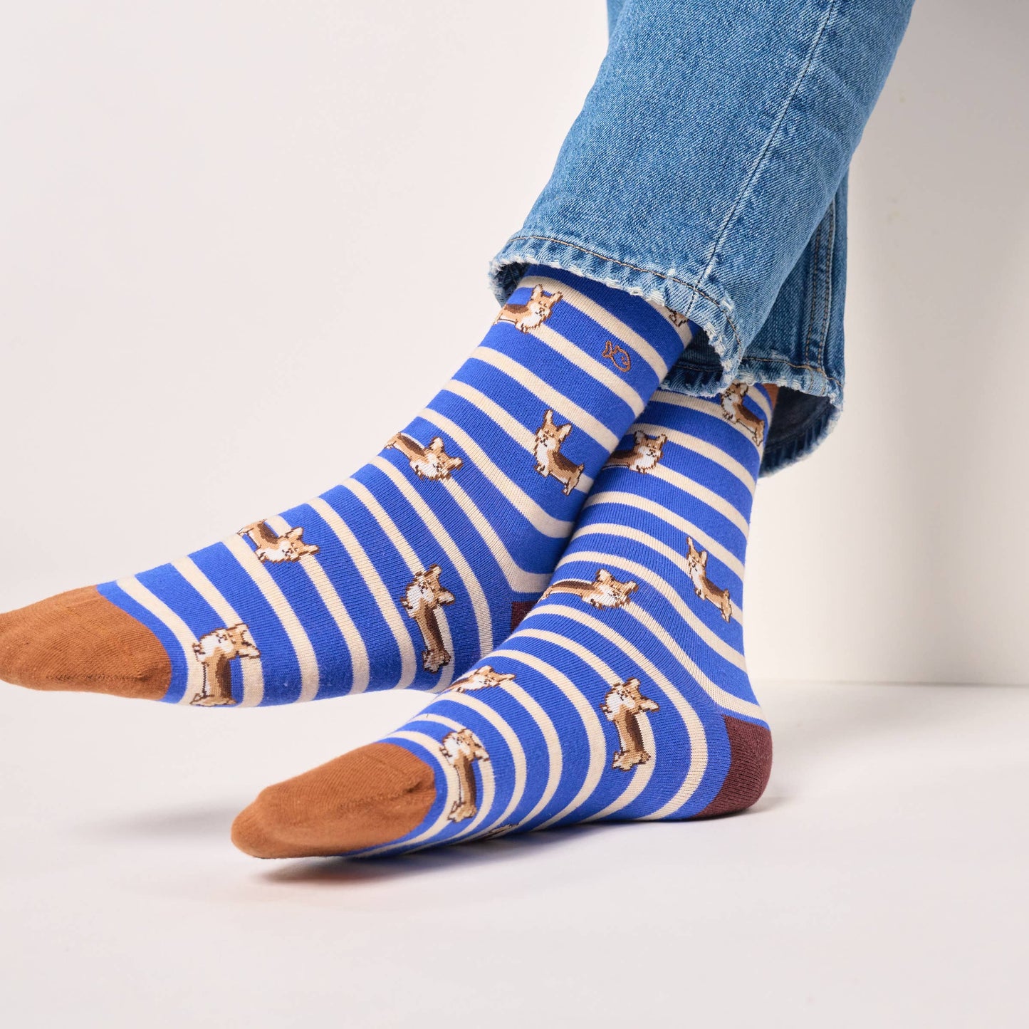 Mellemlange Sokker i Kæmmet Bomuld med Dyremønster - Corgi Blå & Brun BILLYBELT