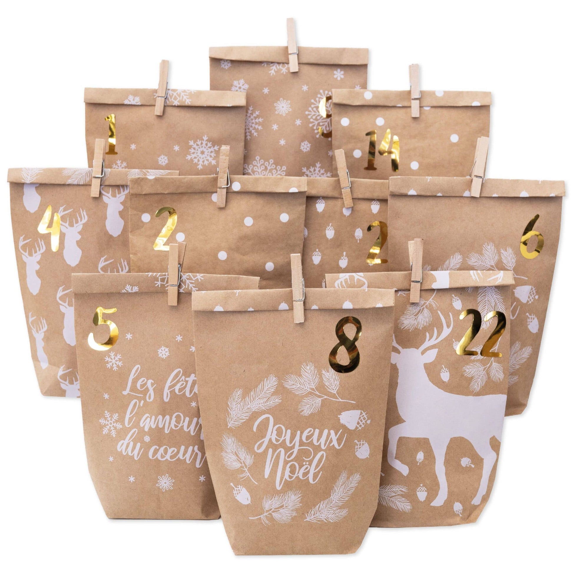 Gør-det-selv adventskalender – Cozy Winter, hvid – 24 poser med træclips | Papierdrachen Højtidspynt Papierdrachen