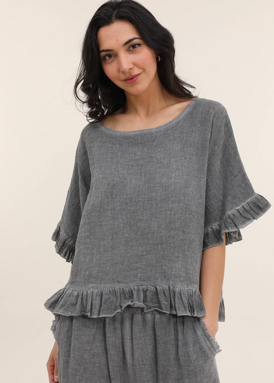 Bluse med Flæse 50% Hør og 50% Bomuld - One Size | LÉA & LUC Lea & Luc