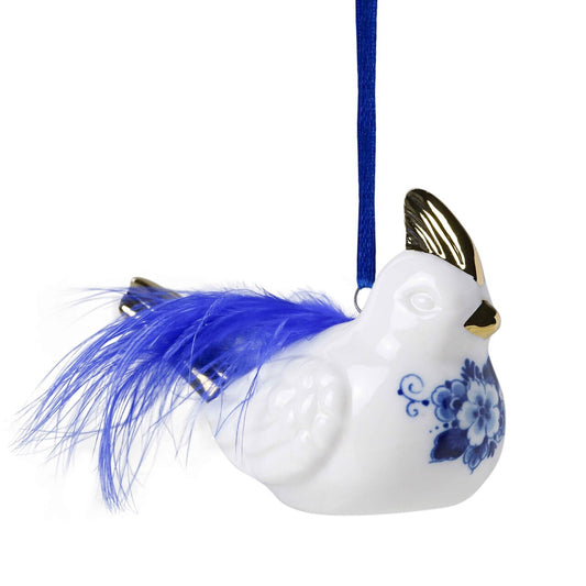 Keramisk juleornament med fugl og fjer – Heinen Delfts Blauw Ornament Heinen Delfts Blauw