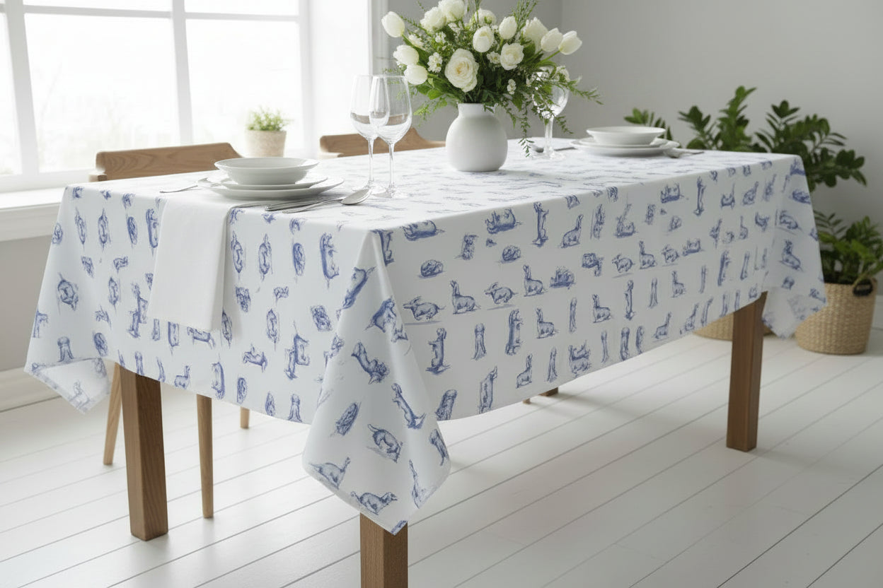 Dug hvid med gravhunde 140x260 cm Dug Heinen Delfts Blauw