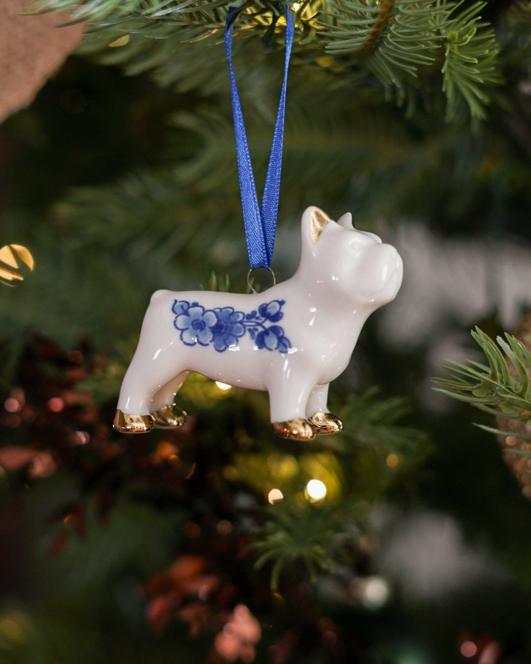 Keramisk juleornament med fransk bulldog – Heinen Delfts Blauw Ornament Heinen Delfts Blauw