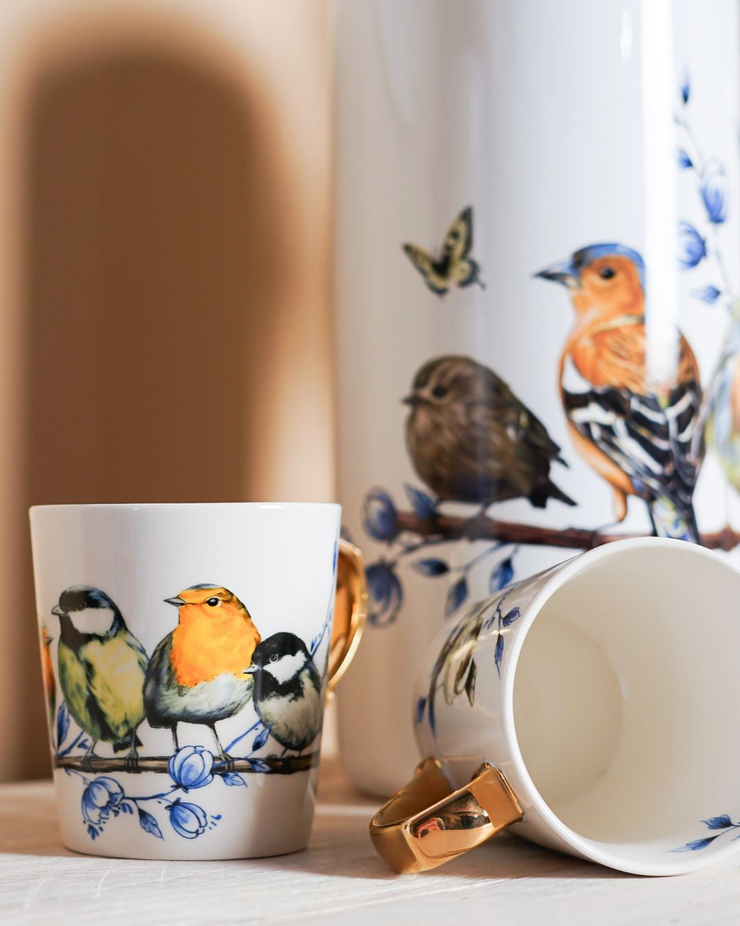 Krus Skovfugle med guld hank Heinen Delfts Blauw Krus Heinen Delfts Blauw