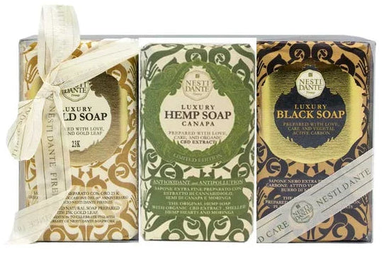 Nesti Dante Gavesæt – 3 luksussæber (Gold, Hemp & Black) 3 x 250g Italiensk fast sæbe Nesti Dante