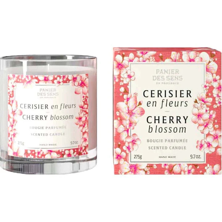 Duftlys Cherry Blossom 275g fra Panier des Sens i gennemsigtig glas med lyserødt blomstermotiv og æske
