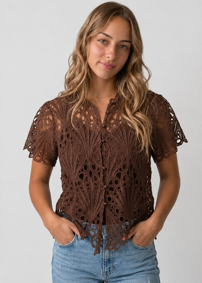 Tim & Simonsen Thyra Lace Bluse – onesize Bitten CpH Brun