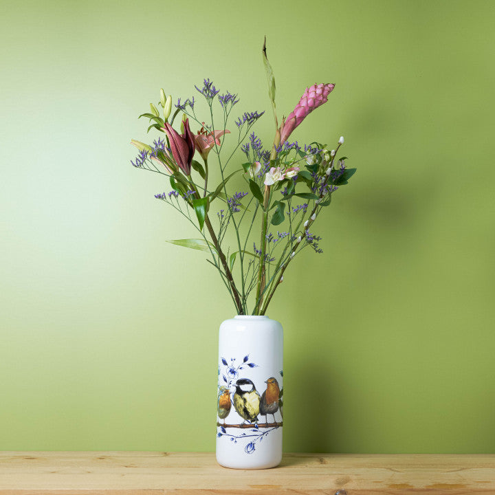 Cylindervase med Skovfugle – Heinen Delfts Blauw Vaser Heinen Delfts Blauw