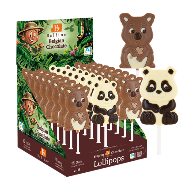 Jungle Chokolade-slikkepind i Belgisk Mælkechokolade – Panda & Koala (25g) ADG Diffusion