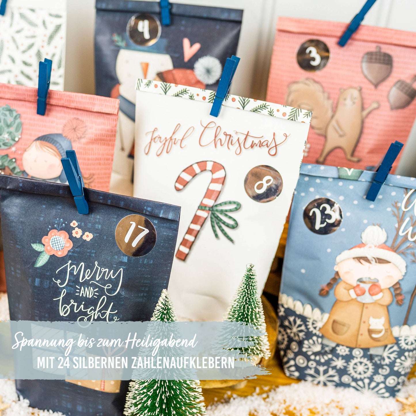 Gør-det-selv adventskalender – 24 mørkeblå kraftposer med tryk | Papierdrachen Højtidspynt Papierdrachen