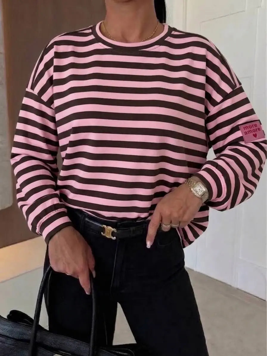 More Amore – Oversize langærmet stribet T-Shirt Tøj ESTEE BROWN One-size 38-44 Rosa/Brun
